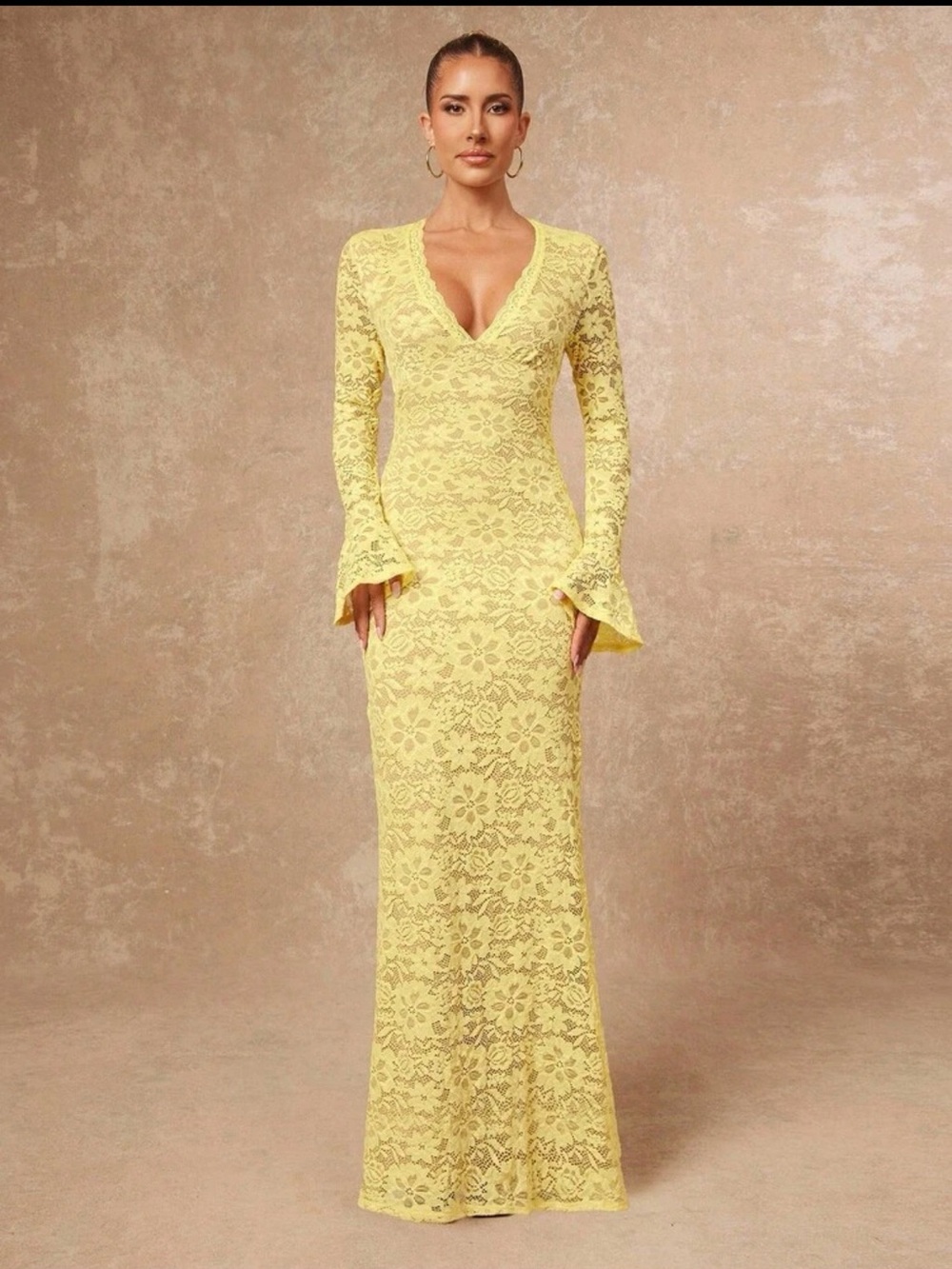 Lace V-Neck Long Sleeve Maxi Dress in Yellow